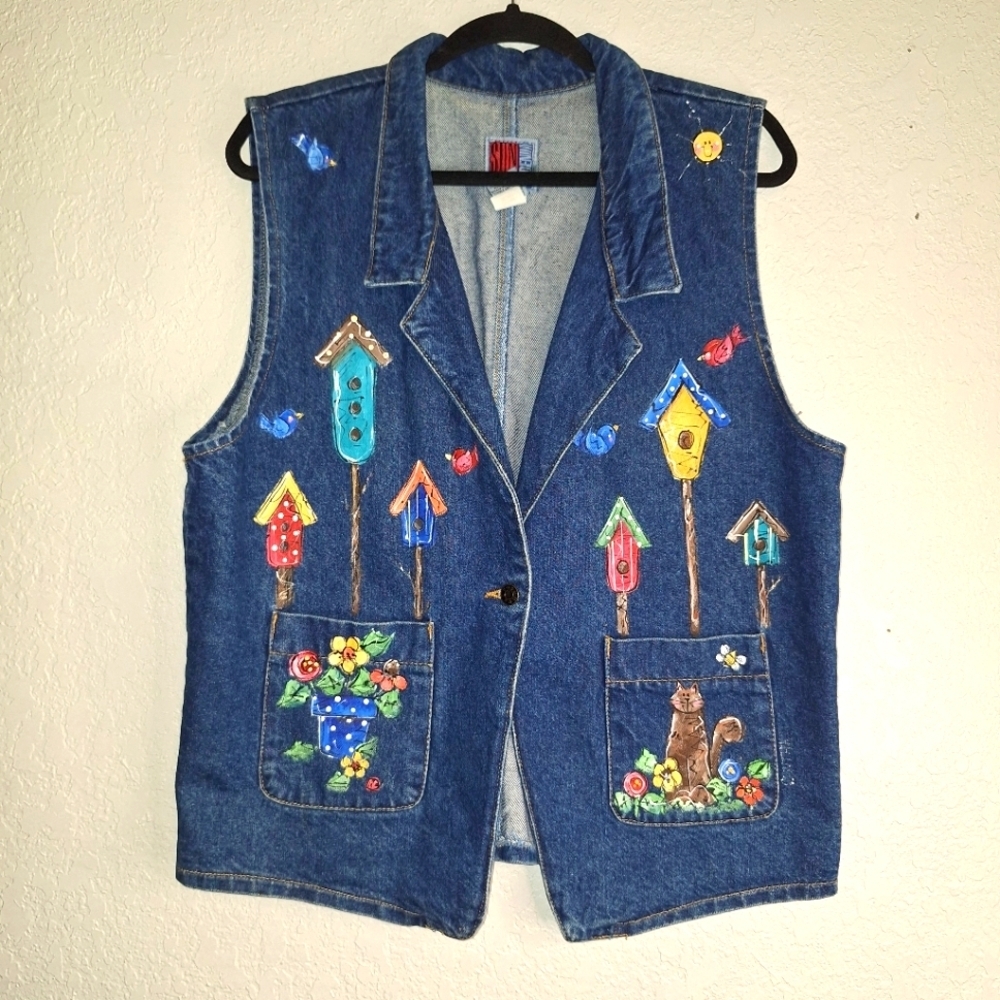 Vtg Sun Belt Denim Collared Hand Painted Women's  L Made in USA One Button